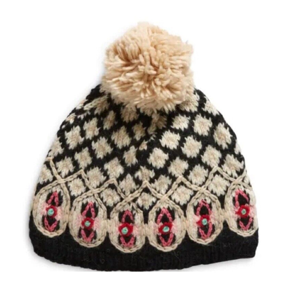 French Knot Beanie Wool Hat Anthropologie Pom Topper Embroidered Wool Black NEW - Picture 4 of 12